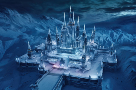 aerial view of a magnificent ice castle under moonlit sky, created with generative aiの素材