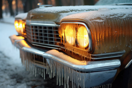 thick layer of ice covering car headlights and grille, created with generative aiの素材