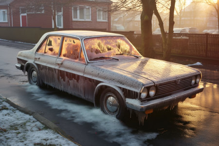 car covered in ice with sun reflecting on it, created with generative aiの素材