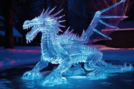 intricate ice dragon with glowing eyes, created with generative aiの素材