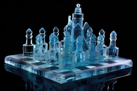 ice chess set with frosty breath on pieces, created with generative aiの素材