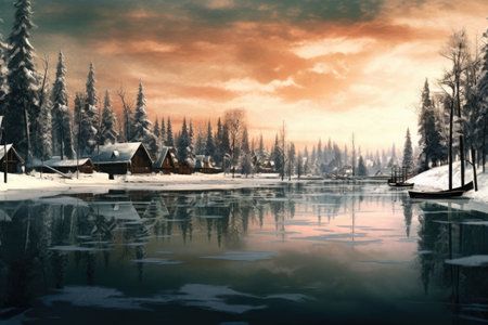 snowflakes falling on a pristine ice-skating lake, created with generative aiの素材