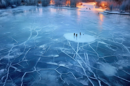 aerial view of ice skaters tracks on a frozen lake, created with generative aiの素材