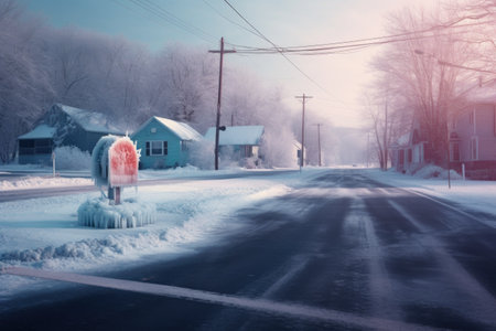 winter landscape with empty icy road and snowfall, created with generative aiの素材