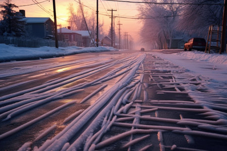 close-up of icy road with tire tracks and skid marks, created with generative aiの素材
