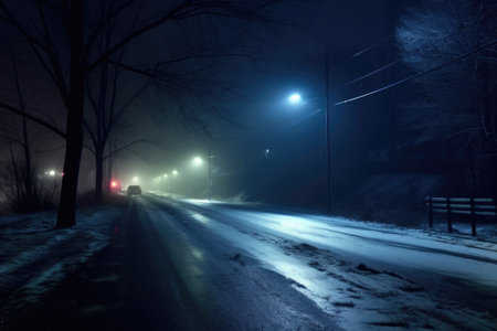 car headlights shining on icy road at night, created with generative aiの素材