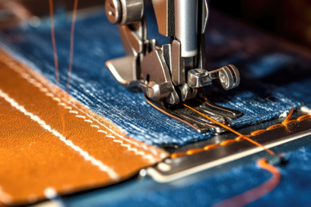close-up of sewing machine stitching denim fabric, created with generative aiの素材