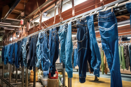 jeans hanging on production line conveyor, created with generative aiの素材