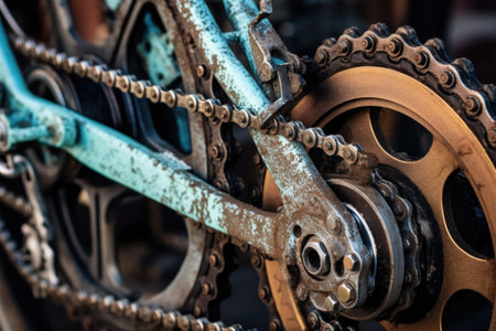 close-up of gears and chains on a partially assembled bike, created with generative aiの素材
