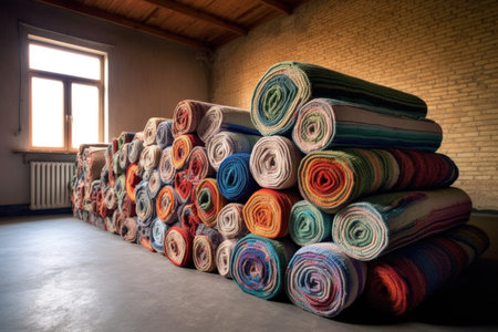 finished carpets rolled up and stacked, created with generative aiの素材