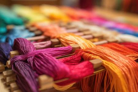 close-up of colorful threads on weaving loom, created with generative aiの素材