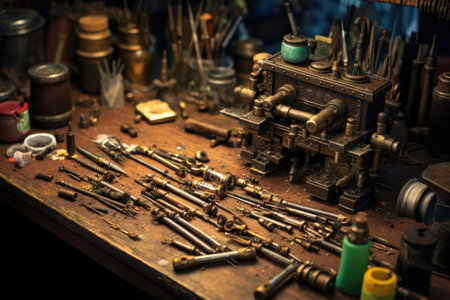close-up of gun barrels and triggers on workbench, created with generative aiの素材