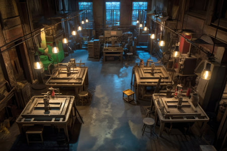 overhead view of bell foundry floor and workstations, created with generative aiの素材