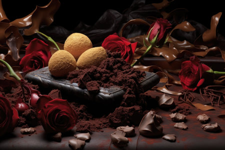 chocolate shavings and curls surrounding truffles, created with generative aiの素材