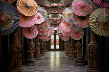 traditional parasols decorating a temple entrance, created with generative aiの素材