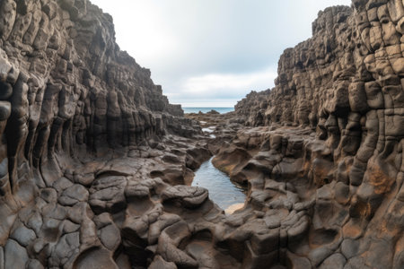 wide-angle shot of lava delta formation, created with generative aiの素材
