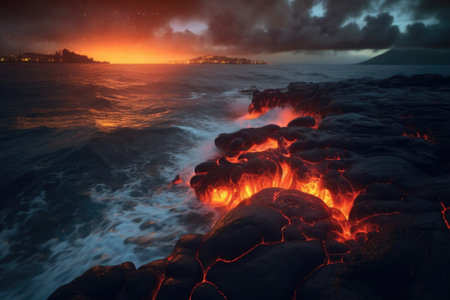 glowing lava illuminating the night sky as it meets the sea, created with generative aiの素材