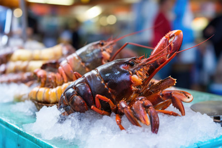 freshly caught lobster on ice at seafood market, created with generative aiの素材