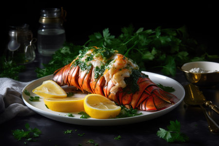 a cooked lobster tail with drawn butter and fresh parsley, created with generative aiの素材