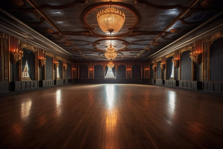 dramatic empty dance floor in sophisticated ballroom, created with generative aiの素材