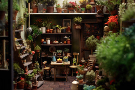 dollhouse garden with tiny plants and decorations, created with generative aiの素材