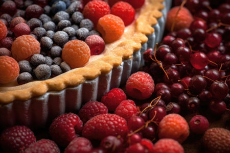 close-up of berries and pie crust textures in natural light, created with generative aiの素材