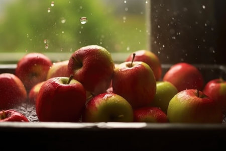 freshly picked apples being washed with water spray, created with generative aiの素材