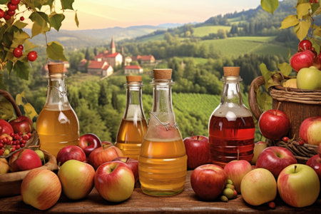 apple cider vinegar in bottles with orchard backdrop, created with generative aiの素材
