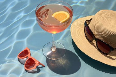 poolside mary drink with sunglasses and sunhat, created with generative aiの素材