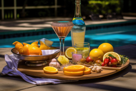french 75 cocktail ingredients on a poolside bar, created with generative aiの素材