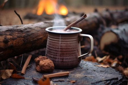 close-up of hot chocolate in a rustic mug near campfire, created with generative aiの素材