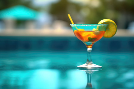 blurred pool background with a focus on a margarita glass, created with generative aiの素材