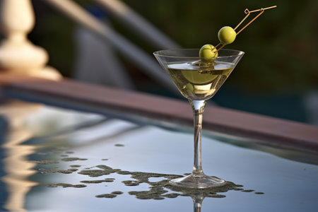 olive dropping into a martini glass near a pool ladder, created with generative aiの素材