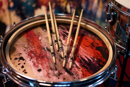 close-up of drumsticks on snare drum head, created with generative aiの素材