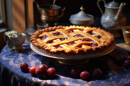 freshly baked cherry pie with golden crust, created with generative aiの素材