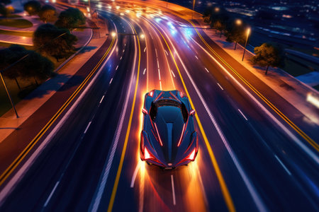aerial view of hypercar speeding on a city highway, created with generative aiの素材