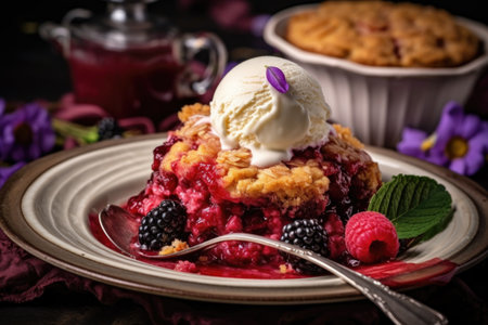berry cobbler served with a scoop of ice cream on a plate, created with generative aiの素材