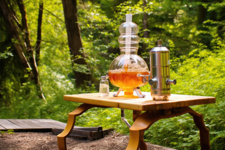 soda siphon on a picnic table surrounded by nature, created with generative aiの素材