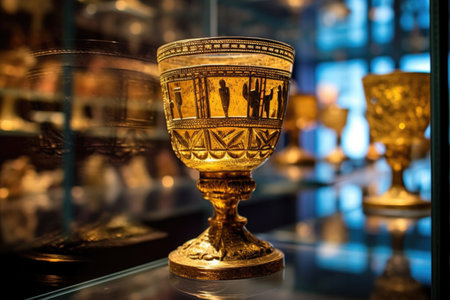 golden cup on a glass shelf in a museum display, created with generative aiの素材