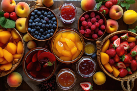 top view of fruit preserves in bowls with fresh fruits nearby, created with generative aiの素材