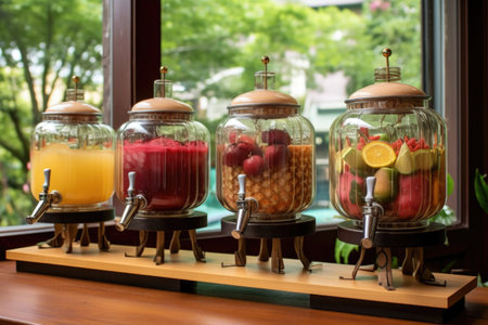 punch dispensers with assorted flavors on garden bar, created with generative aiの素材