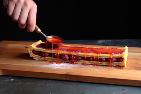 slicing finished raspberry tart on wooden board, created with generative aiの素材