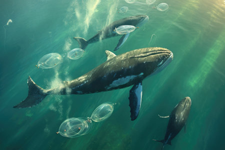 aerial view of humpback whales creating bubble net, created with generative aiの素材