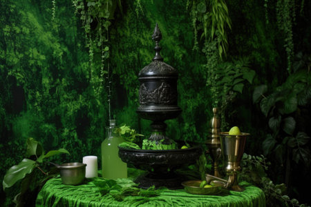 absinthe drip fountain against a lush green backdrop, created with generative aiの素材