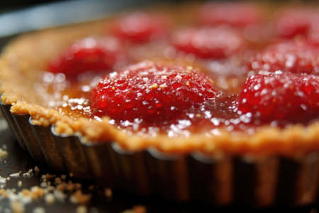 close-up of golden baked raspberry tart crust, created with generative aiの素材