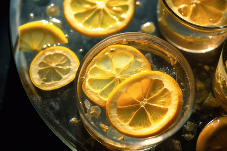 close-up of lemon slices floating in ice-cold pitcher, created with generative aiの素材
