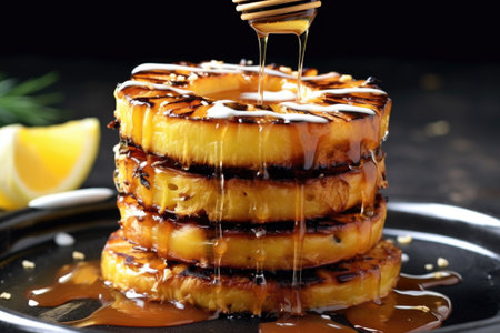 grilled pineapple rings with a drizzle of honey, created with generative aiの素材