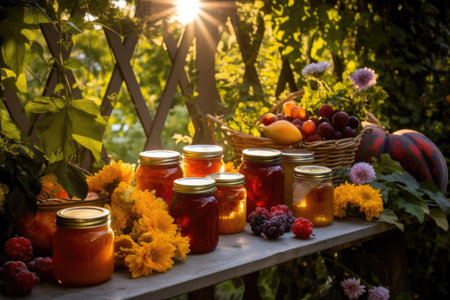 sunlit fruit preserves in garden setting, created with generative aiの素材