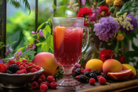 glass of punch with fruit garnish next to garden flowers, created with generative aiの素材