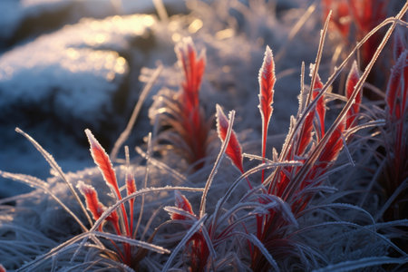 crystallized frost patterns on curved grass leaves, created with generative aiの素材